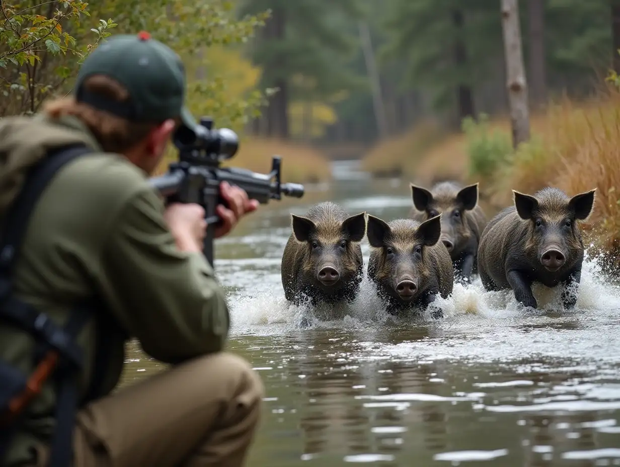 wild pigs crossing river and hunter aiming with a rifle in 1920x1080