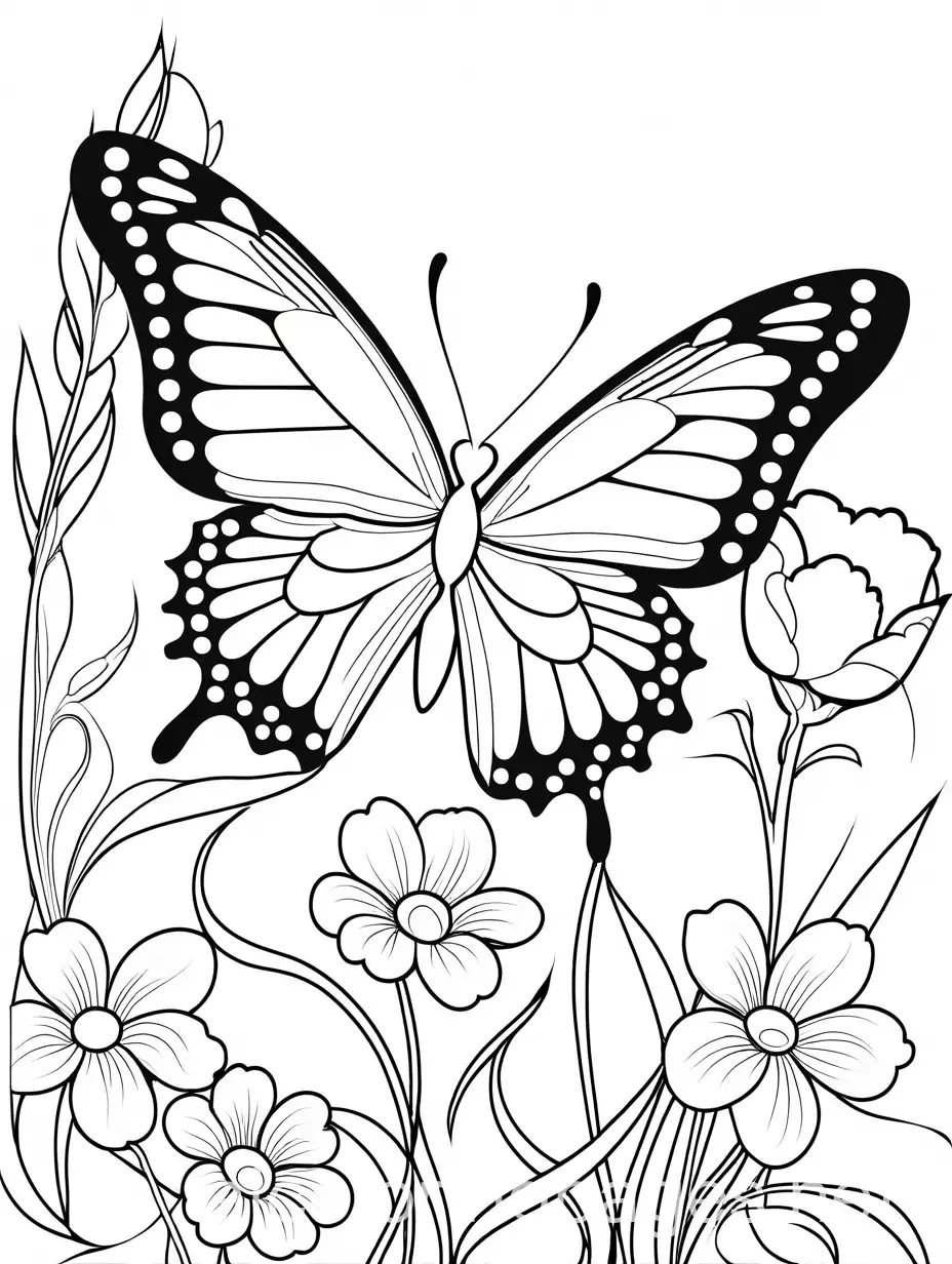 Coloring-Page-for-Kids-Butterfly-and-Flower-Line-Art-on-White-Background