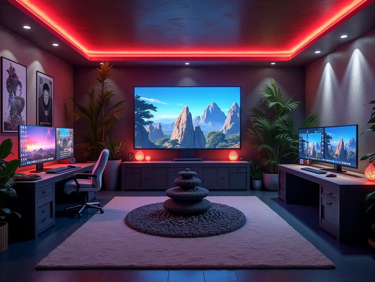 large Gaming room with three monitors ,lighting with furniture with large Attack on Titan statue at the Zen-Garden with carefully tended rocks, a meditative 180 Degree shots 8K resolution Vibrant