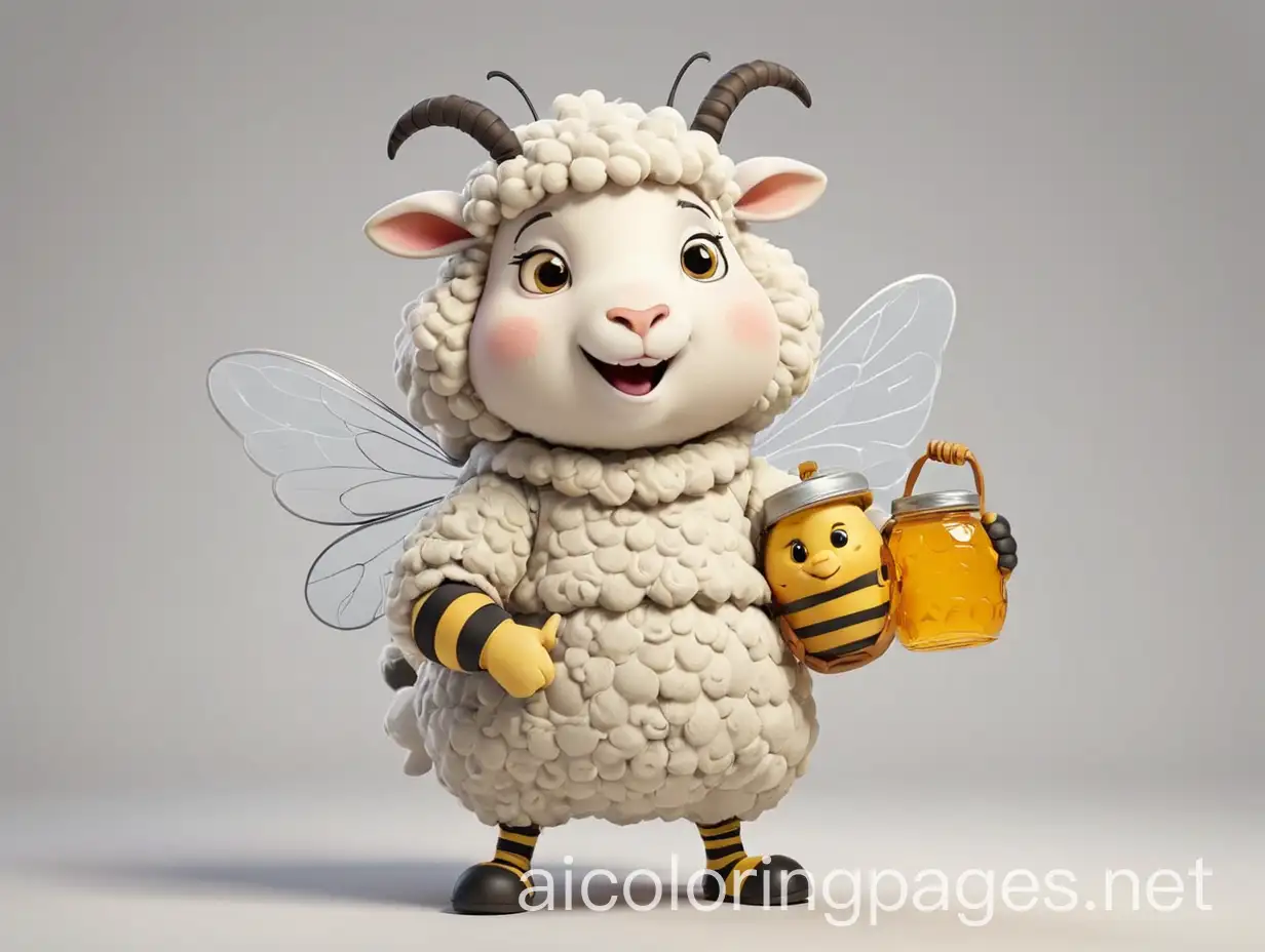 Cute-Bee-Costume-Sheep-with-Honey-Pots-Coloring-Page-for-Kids