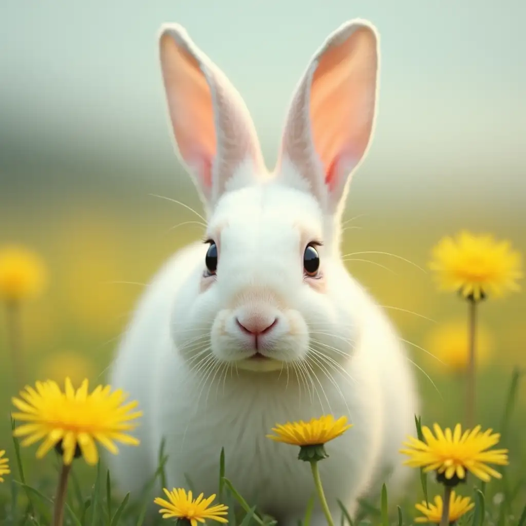 A photorealistic image of a white rabbit with makeup eyes, on a dandelion field