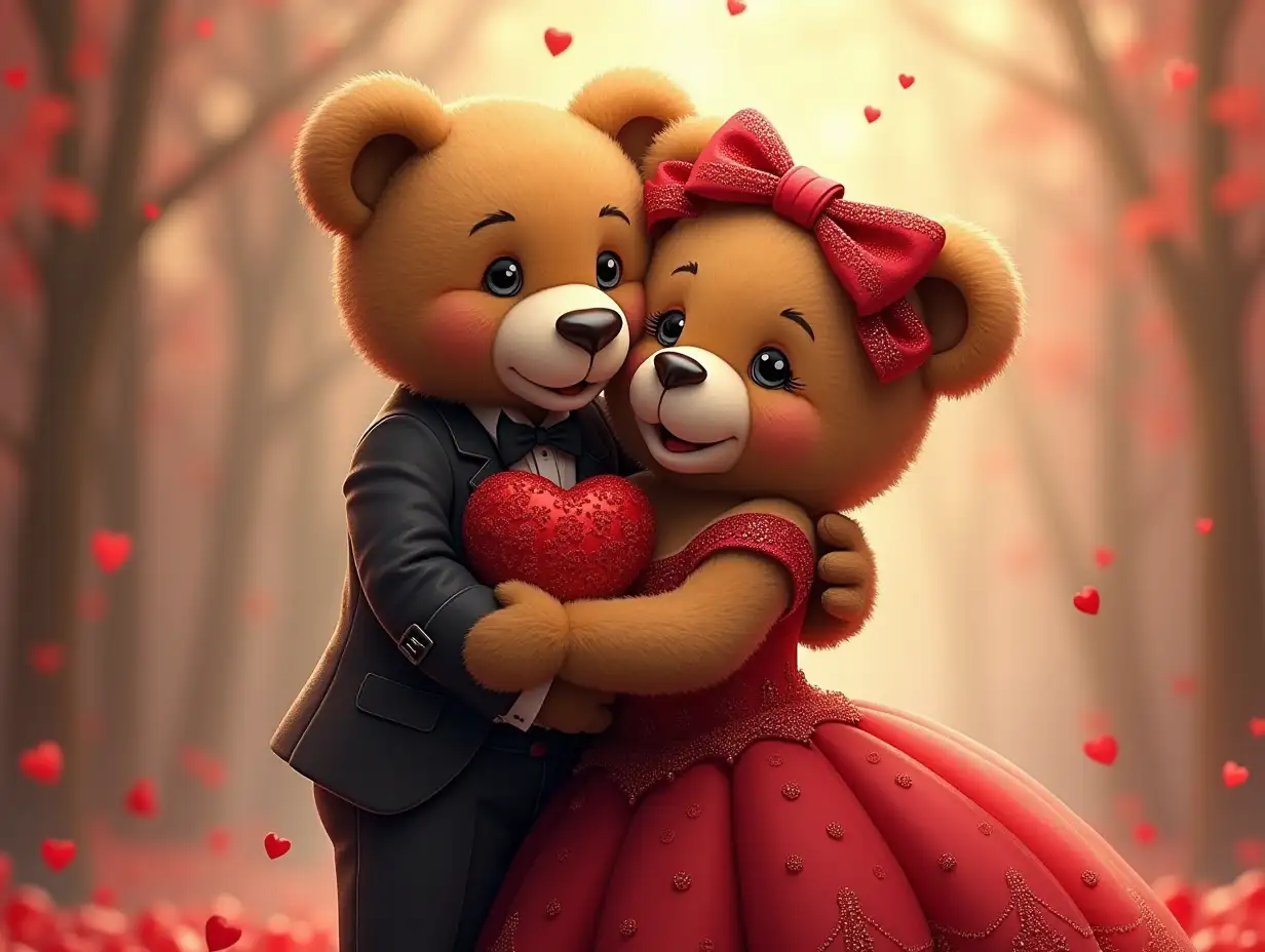 4k UHD Very clear, in focus, Hyperrealism Illustration of a Teddybear couple, They are embracing in a hug. red hearts added to the design. He is wearing a tuxedo, she is wearing a beautiful ornate, romantic looking dress.