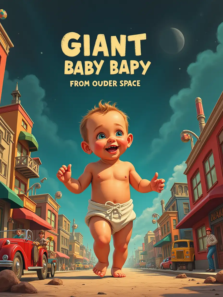 A movie poster, with 1950s horror movie aesthetics, saying giant baby from outer space. The drawing should be a big baby walking in a toy city