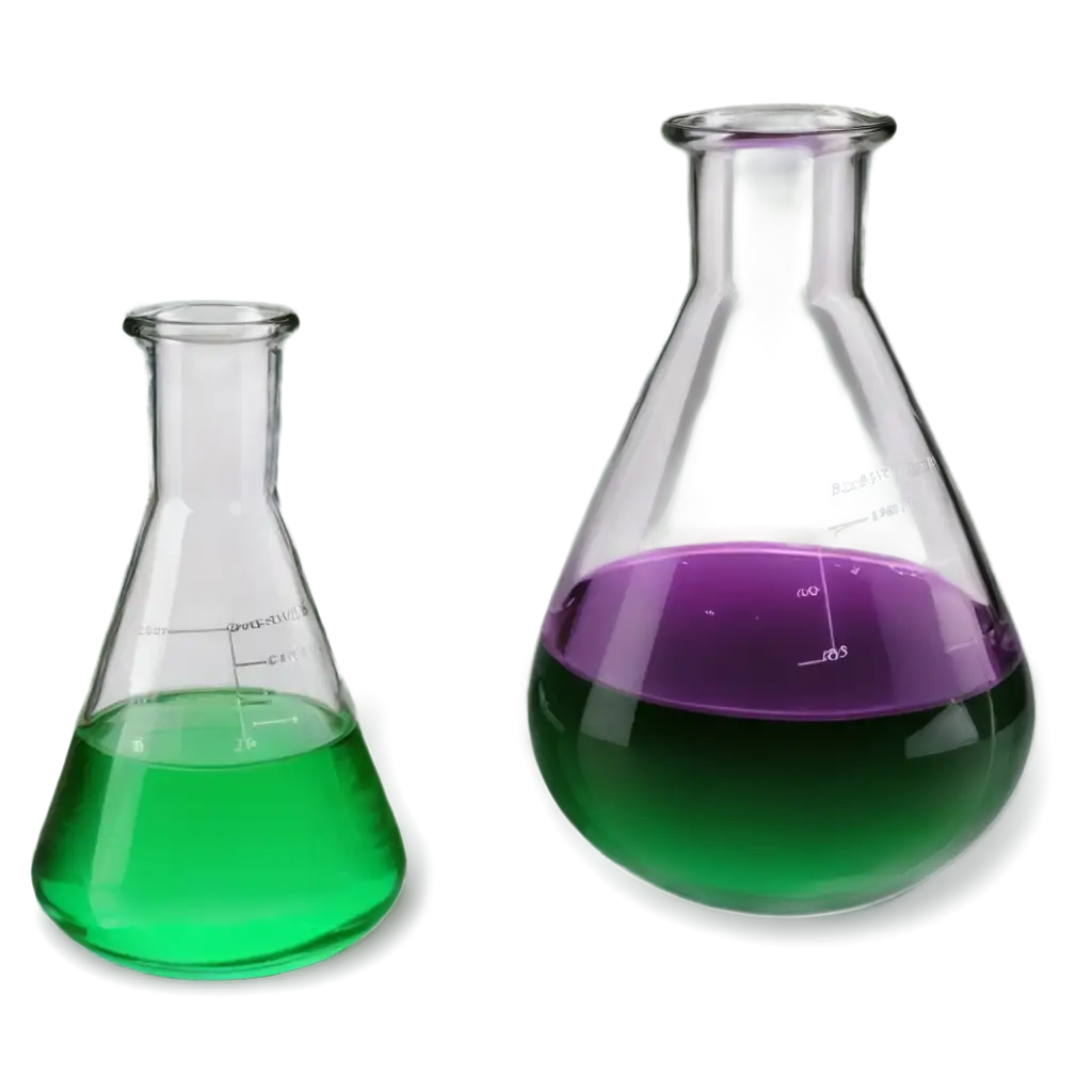 PNG-Image-of-Chemistry-Glassware-Erlenmeyer-and-Beaker-with-Purple-and-Green-Liquids