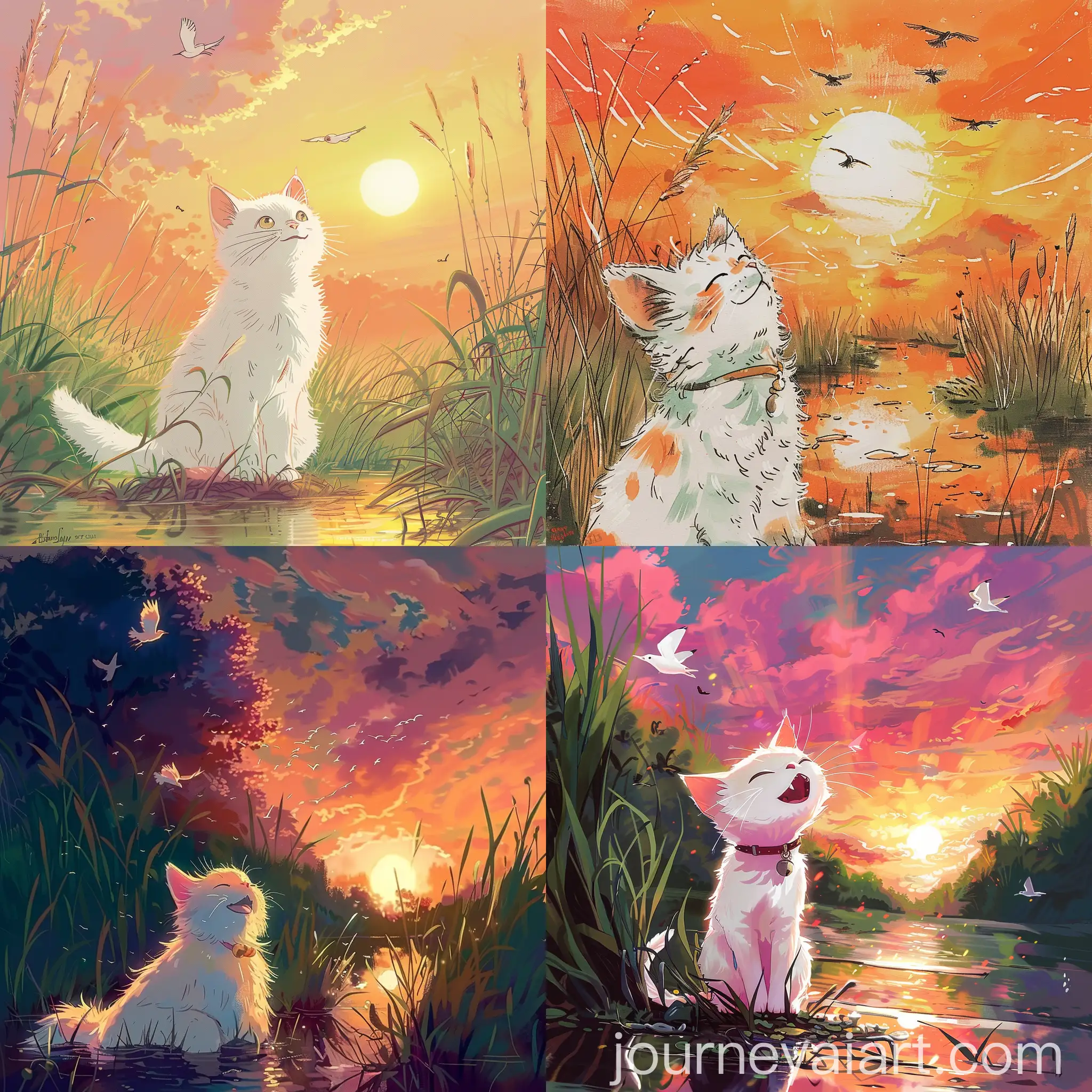 Studio-Ghibli-Style-Drawing-of-a-Cute-White-Cat-in-a-Swamp-at-Sunset-with-Flying-Birds