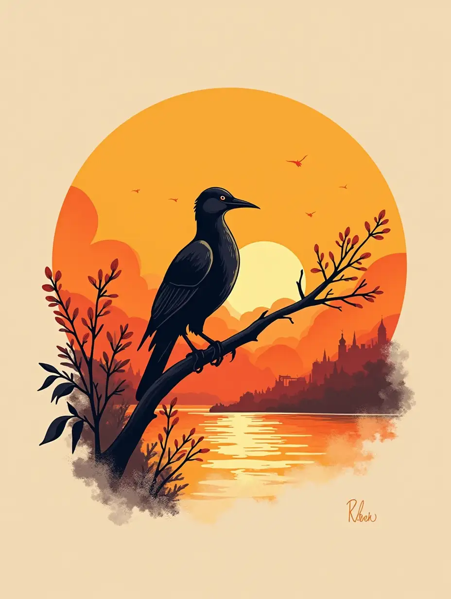 Very beautiful and elegant bird at sunset, masterpiece, logo aesthetics, minimalist illustration, ink art.,  uhd, 128k, glossy, whimsical