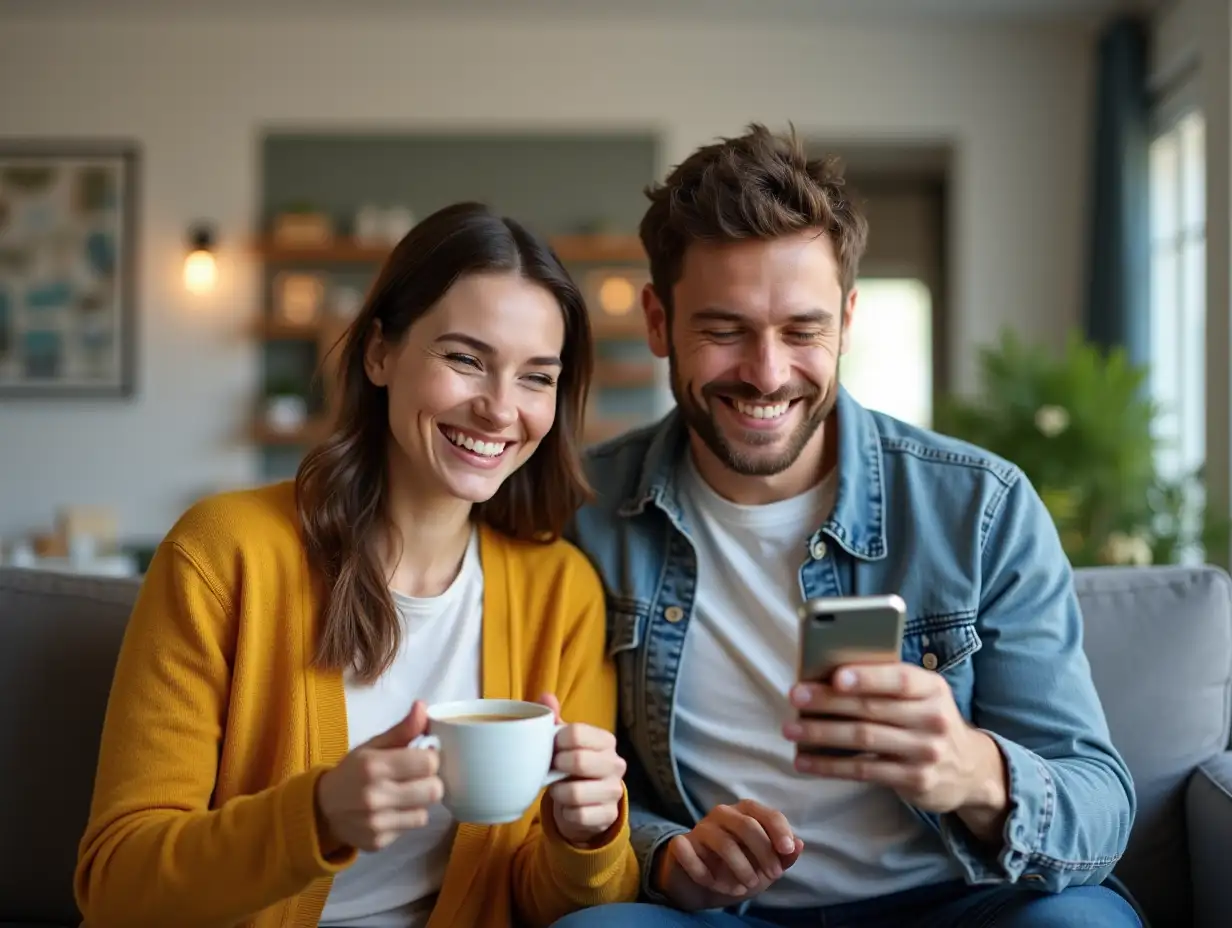 Couple, coffee and phone with smile for planning, online banking or service review at home. Man, woman or mobile in morning for hotel booking, feedback or hospitality app in living room on banner