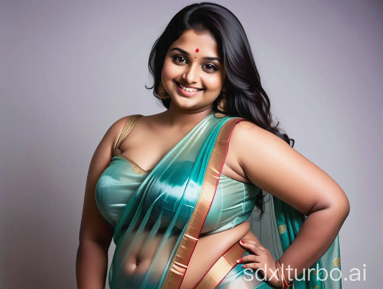 A curvy, voluptuous, beautiful, young, obese Indian woman relaxed in her translucent satin saree. Her bosom is enormous. Her hips are wide. Her bottom is enormous. Back view. Her triple-chin is prominent. She is shy with a beautiful smile.