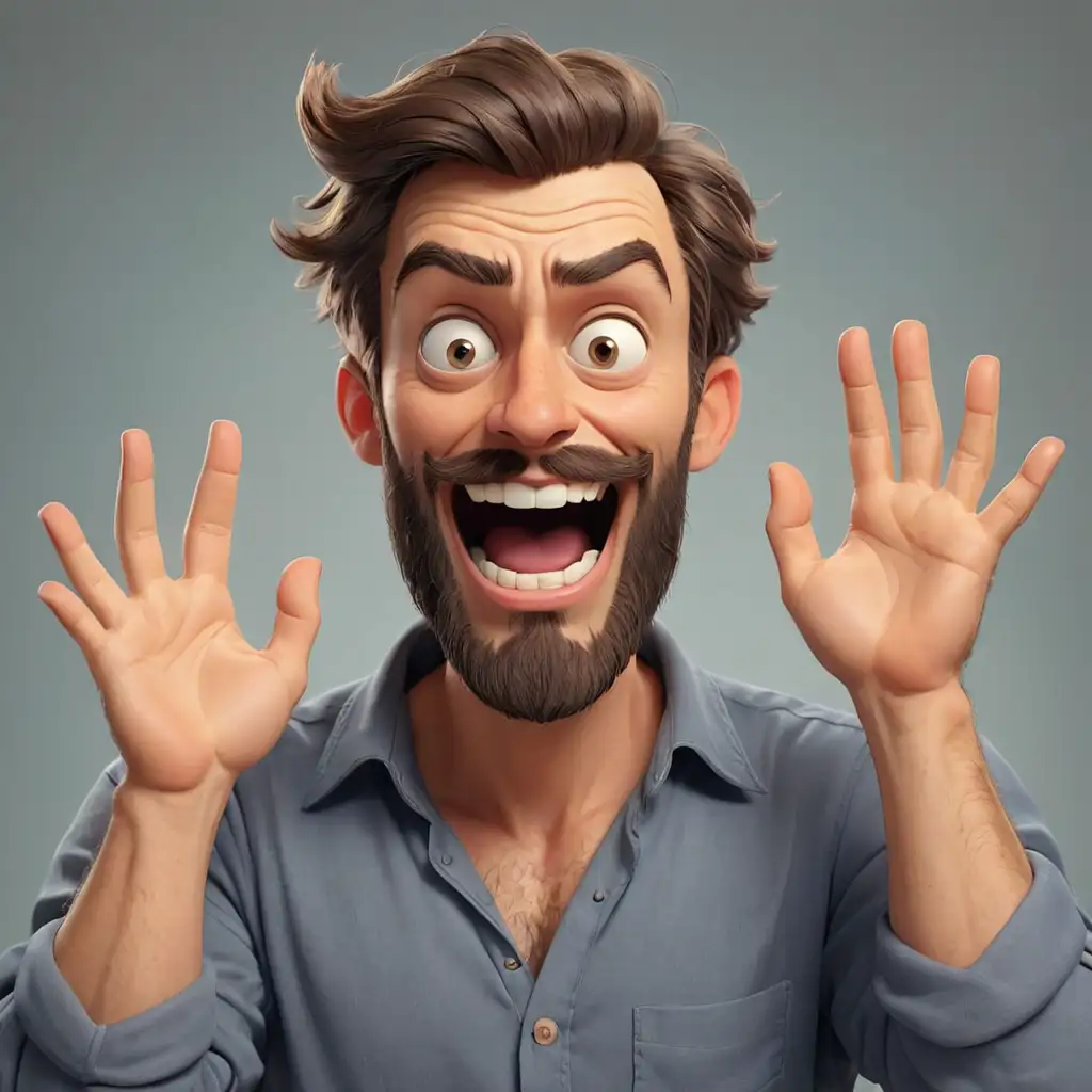 cartoon handsome man with a beard shows a silly grimace and waves his hands near his cheek in full height