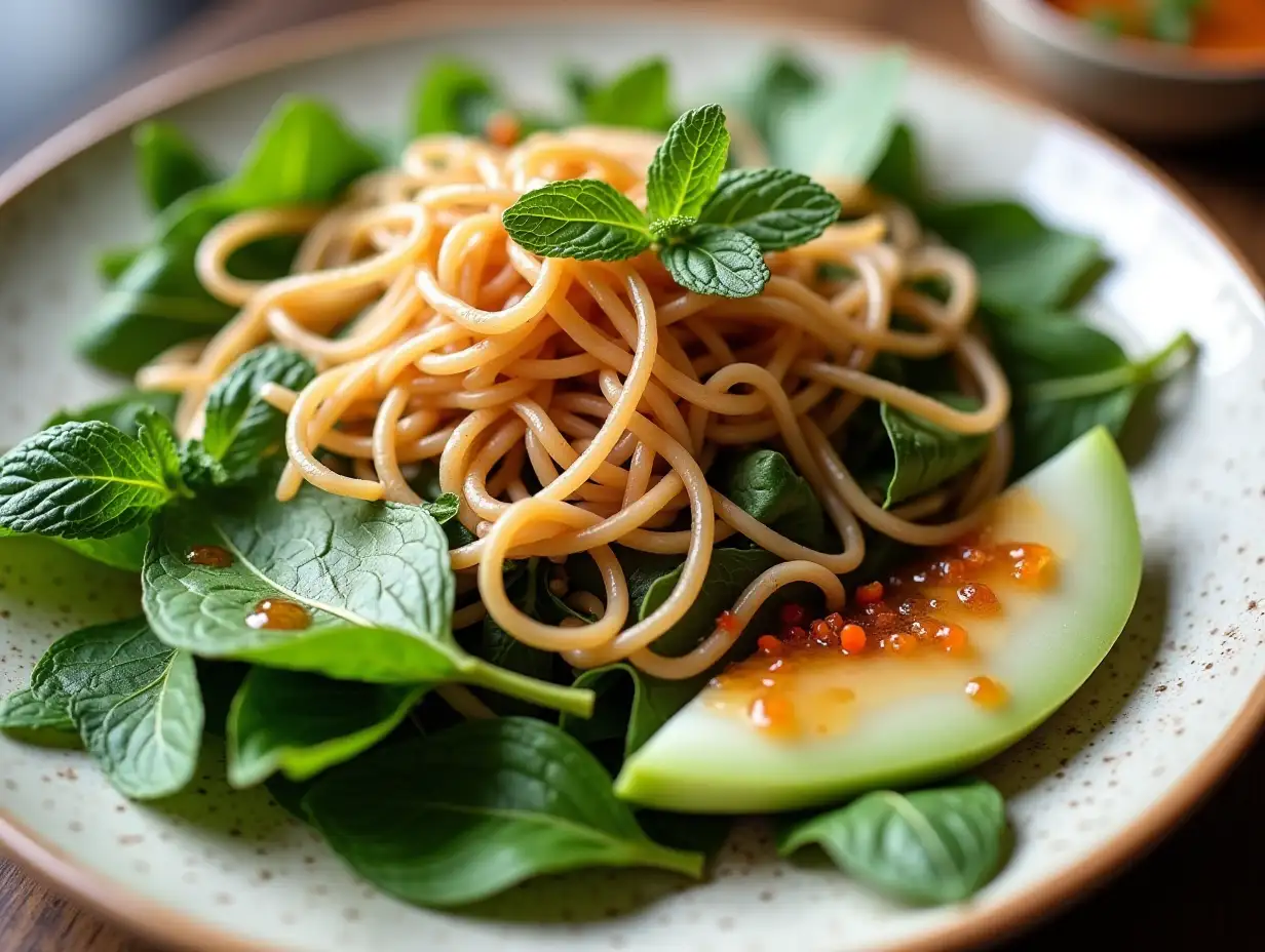 Mixed green leafy summer salad with Japanese soba buckwheat noodle, honeydew melon and peppermint served as close-up with sweet sour chili dressing in a design plate