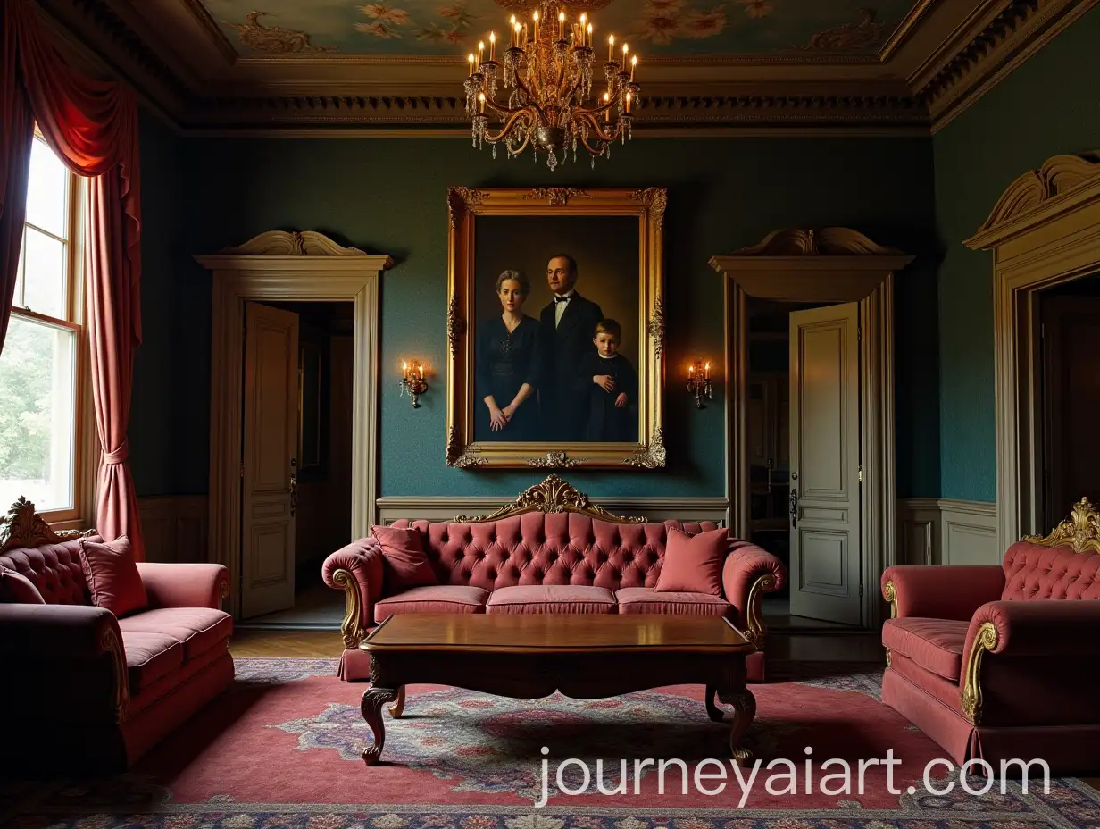 Mysterious-Antique-Mansion-Living-Room-with-Family-Portrait-and-Multiple-Doors