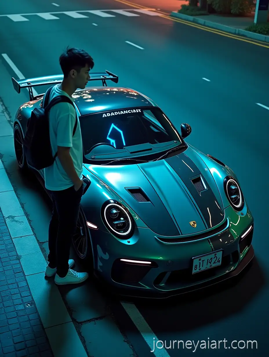 Young-Indonesian-Man-Leaning-on-NeonLit-Gray-Sports-Car-at-Night-in-Urban-Street-Scene