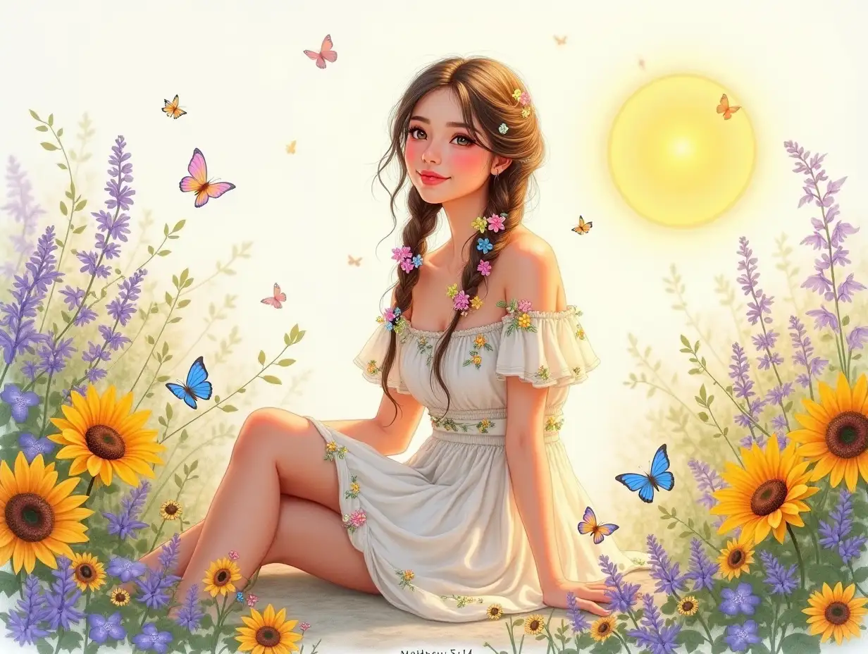 grunge-style, Watercolor Art. A serene and vibrant scene featuring a young woman sitting gracefully amidst a lush garden filled with sunflowers and purple flowers. She wears a flowing, off-shoulder white dress adorned with floral patterns, and her long hair is braided with colorful strands and small flowers. Delicate butterflies flutter around her, adding a sense of whimsy to the atmosphere. The background includes soft pastel colors, creating a dreamy and romantic ambiance. The overall aesthetic is hyperrealistic, with intricate details in the floral elements and the woman's features, highlighted by warm sunlight that enhances the vividness of the colors. The phrase 'be the light' in a playful font is incorporated near the bottom, alongside the citation 'Matthew 5:14,' blending harmoniously with the charming nature of the scene.