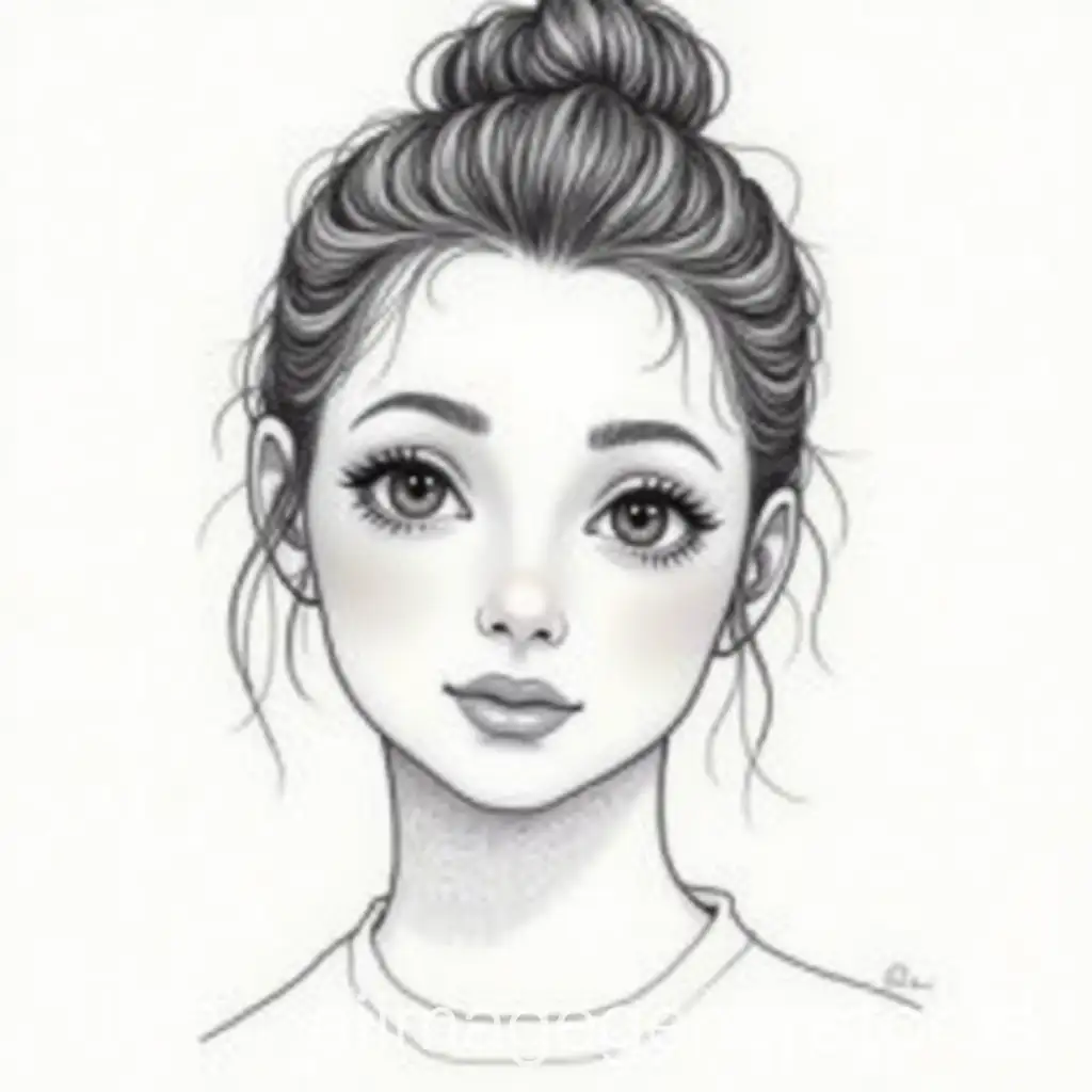 drawing of pretty girl's face straight on with her hair tied up over her head