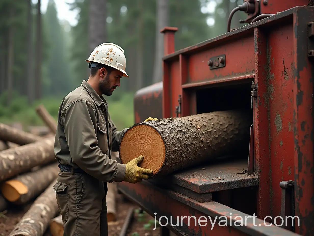Man-Operating-Red-WoodProcessing-Machine-in-Rustic-Logging-Scene