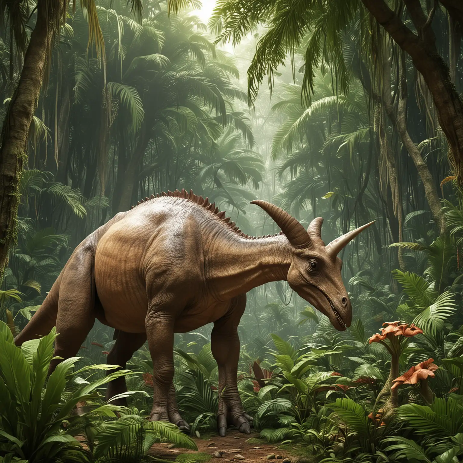 Parasaurolophus Dinosaur Feeding in Lush Jungle Habitat