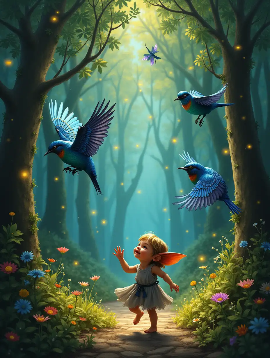 In a whimsical realm of fantasy, a diminutive goblin child, their eyes sparkling with curiosity, frolics through a mystical forest, each step. The child's tiny hands reach out to gently stroke the iridescent wings of a flock of brightly feathered birds, their laughter echoing like a melody in the canopy. The forest itself seems alive, with shimmering fireflies and dragonflies weaving a kaleidoscope of light around the child's playful dance.nnThe painting, a mesmerizing masterpiece, is a canvas of vivid hues, capturing the child's innocent wonder in every brushstroke. Rich shades of emerald and ochre bring the verdant foliage to life, while the birds' feathers are a mesmerizing display of vibrant blues and purples. Each insect's glow casts delicate patterns on the ground, creating an enchanting dance of light.nnThe artist's skill shines through, as they deftly depict the child's joy, their facial expression a blend of curiosity and delight. The forest's enchantment is palpable, with the play of sunlight filtering through the leaves, casting dappled shadows that accentuate the magical scene. This painting is not just a depiction, but a celebration of the unbridled