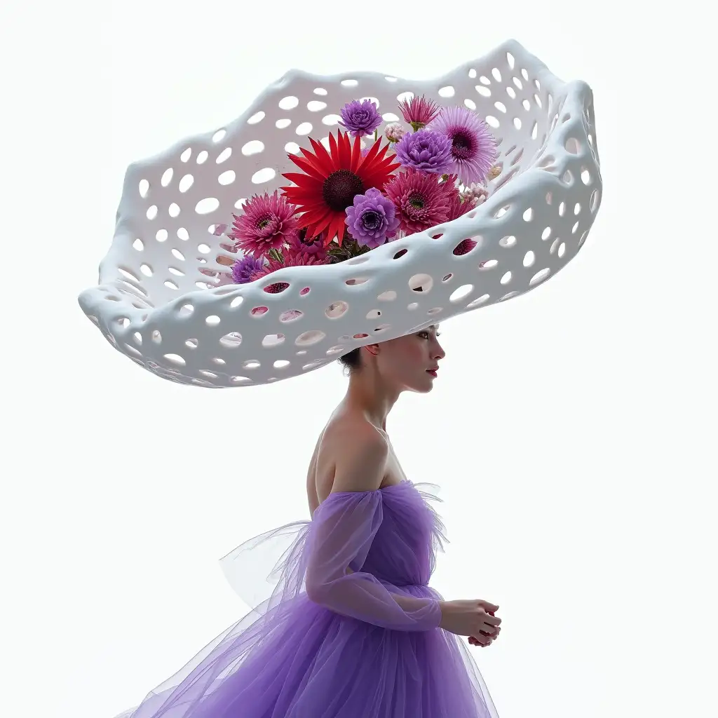 Vogue-Model-in-Purple-Iris-Van-Herpen-Dress-Wearing-Lattice-White-Plaster-Hat-with-Dahlia-Flowers