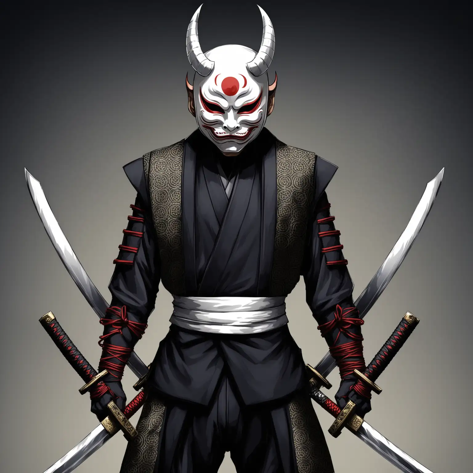 Japanese-Warrior-in-White-Demon-Mask-and-NinjaInspired-Outfit-with-Dual-Swords