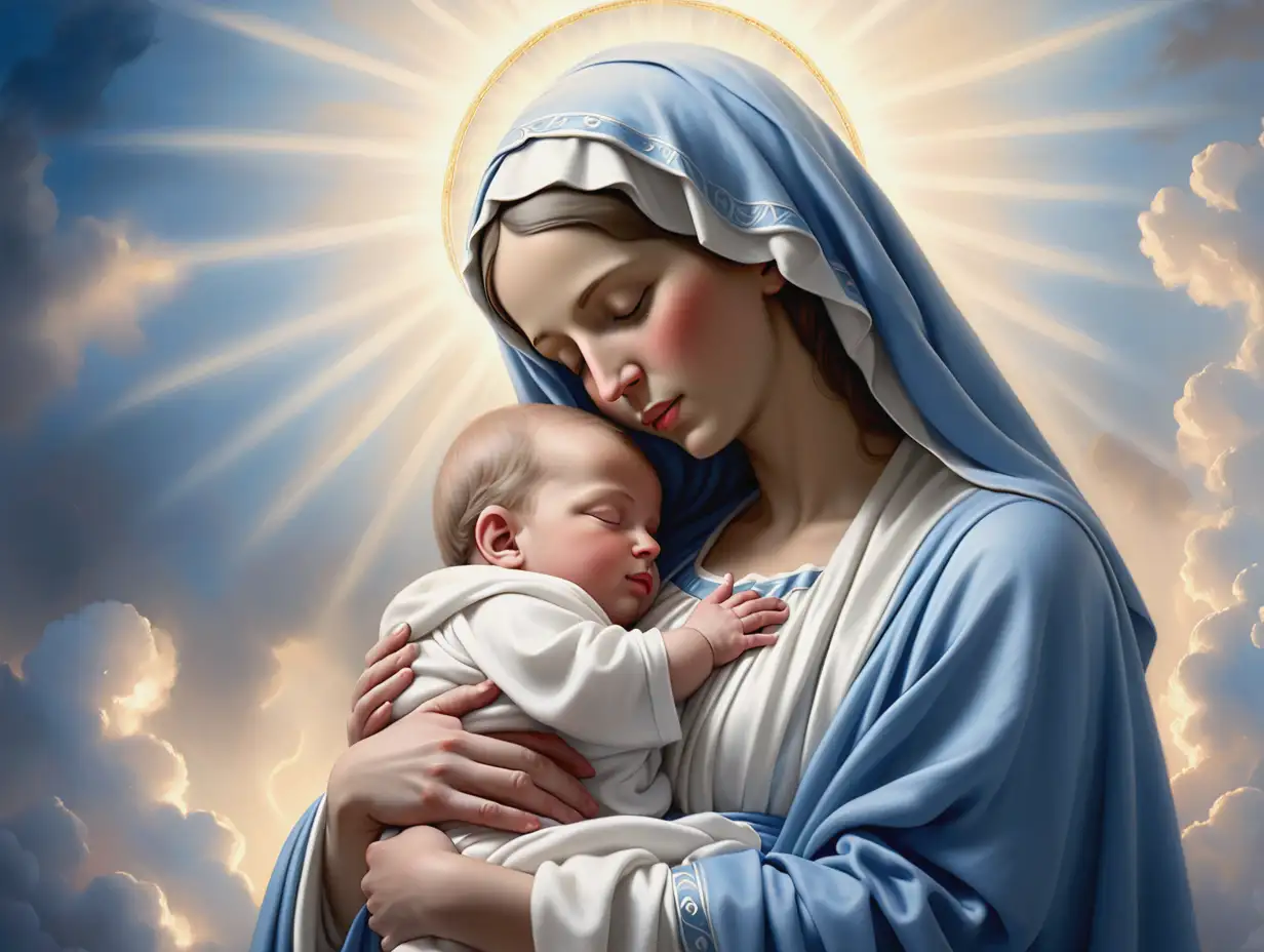 Virgin-Mary-Holding-Sleeping-Baby-in-Serene-Heavenly-Setting