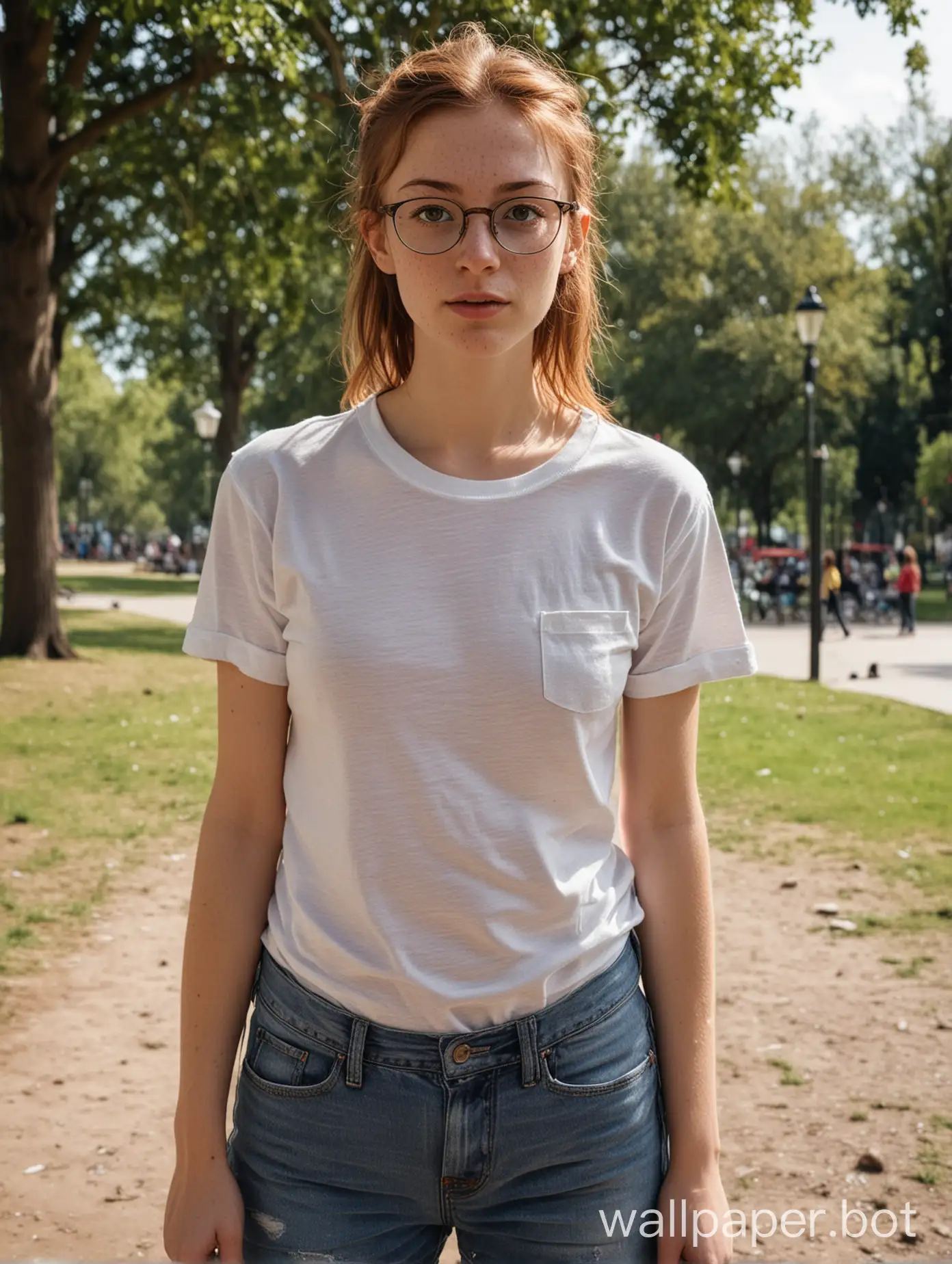 a very ugly girl with chestnut hair and light strands, with a very long nose, freckles, glasses, very small breasts, gray eyes, in a t-shirt and jeans, in the park, full length