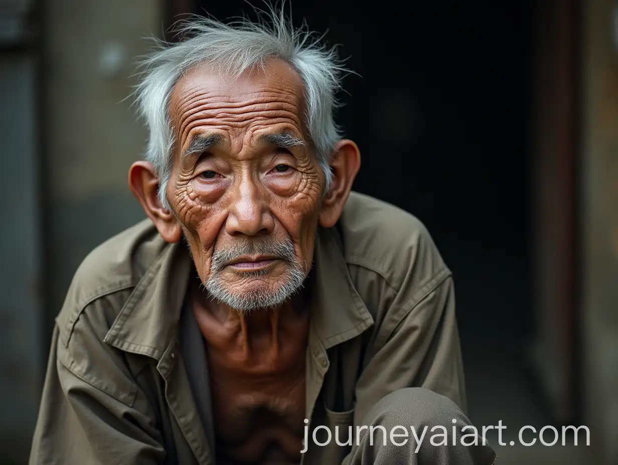 Elderly-Asian-Grandfather-with-Weary-Expression-in-Tattered-Clothes