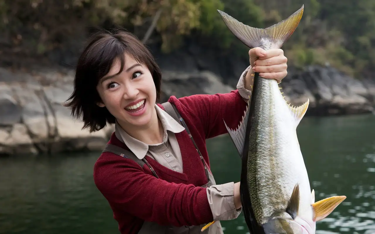 1 chinese woman, 24 yo,, looks like she's having fun. She is fishing. She caught a terrifying tuna fish and was surprised and excited with her big mouth open. It is live-action and realistic.