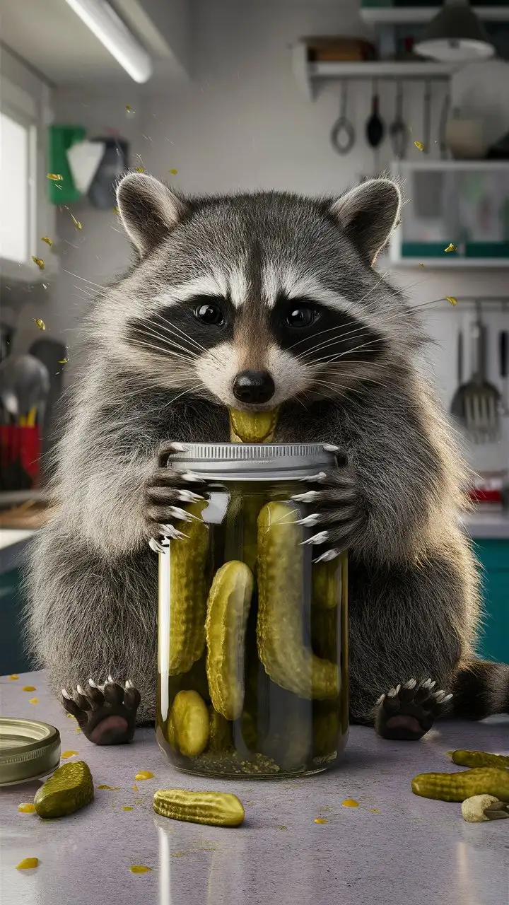 Frustrated-Raccoon-Struggling-to-Open-a-Jar-of-Pickles-in-a-Messy-Kitchen