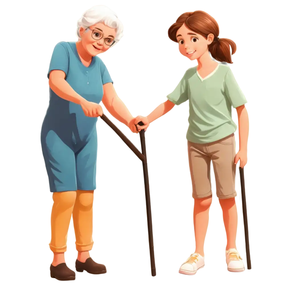 Cartoon-Child-Helps-Elderly-Parent-Walk-with-Cane-PNG-Image-A-Heartwarming-Family-Moment