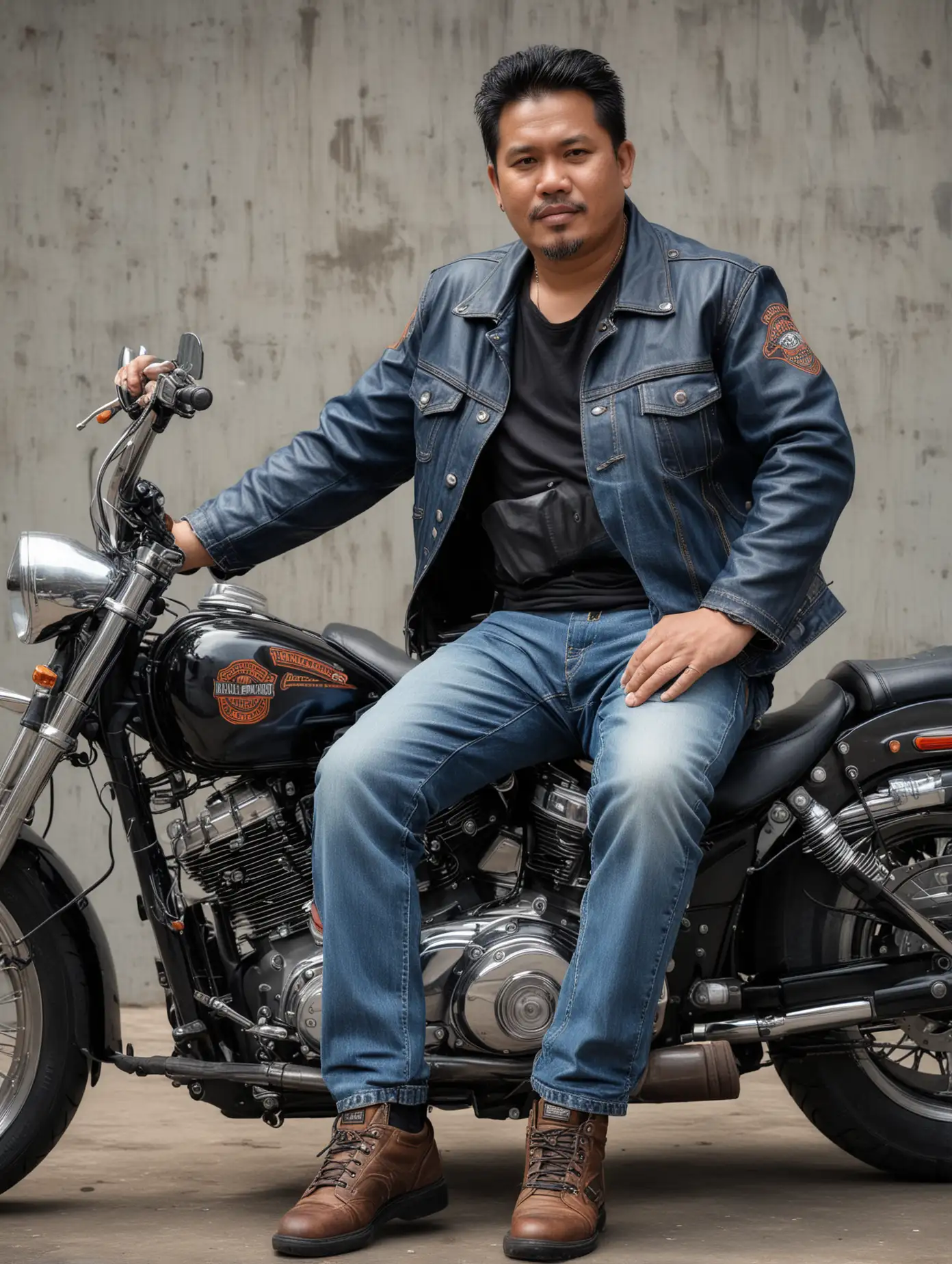 a middle age man (indonesian), short body, fat body, wearing jacket, jeans, blue jeans pants and leather shoes, sitting on harley davidson motorcycle