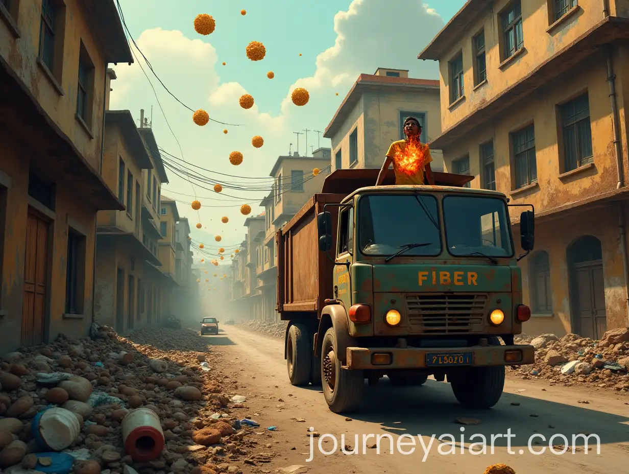 Surreal-Scene-of-Neglected-Street-with-Fire-Nuts-and-Garbage-Truck