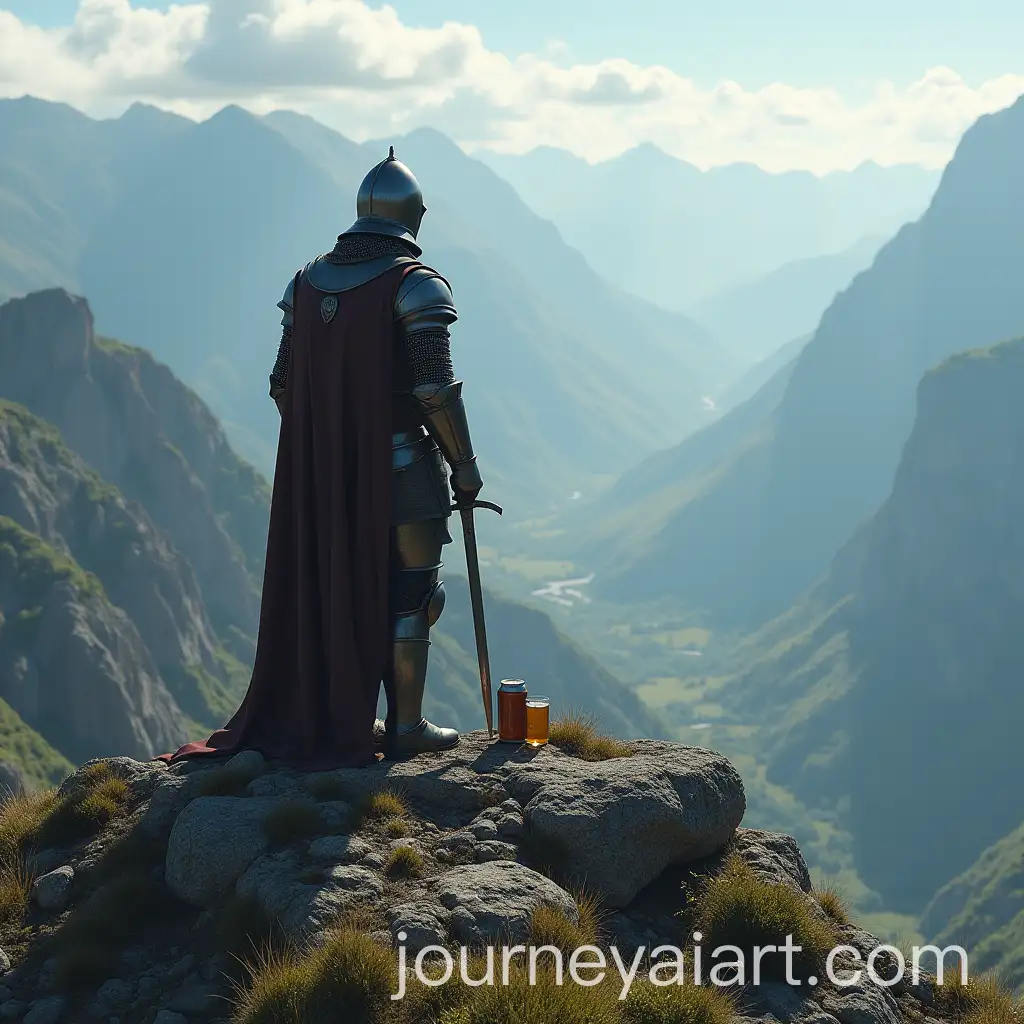 Knight-Overlooking-Mountain-Landscape-with-Sword-and-Beer-Cans