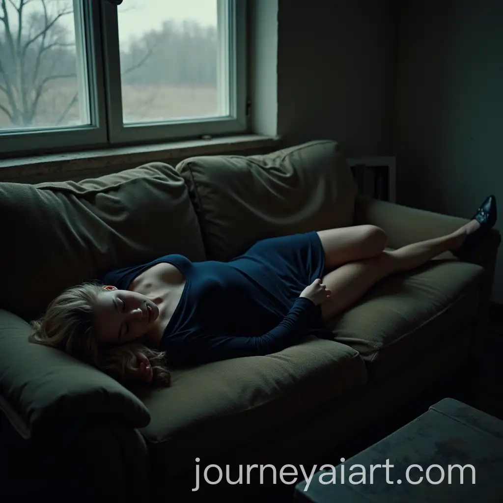 Icelandic-Woman-in-Dark-Dress-Unconscious-on-Vintage-Sofa