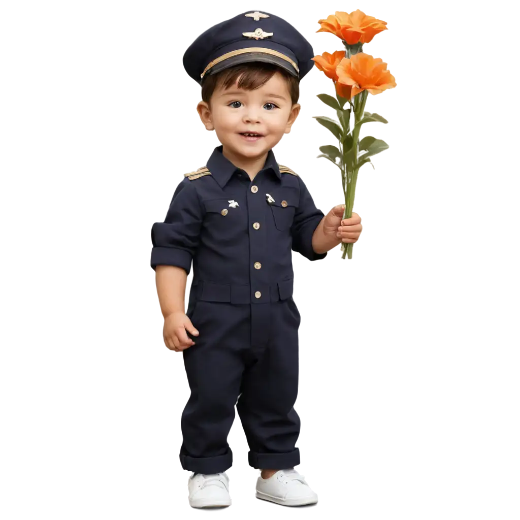 Create a character of a 1 year old baby boy in pilot dress holding flower pot