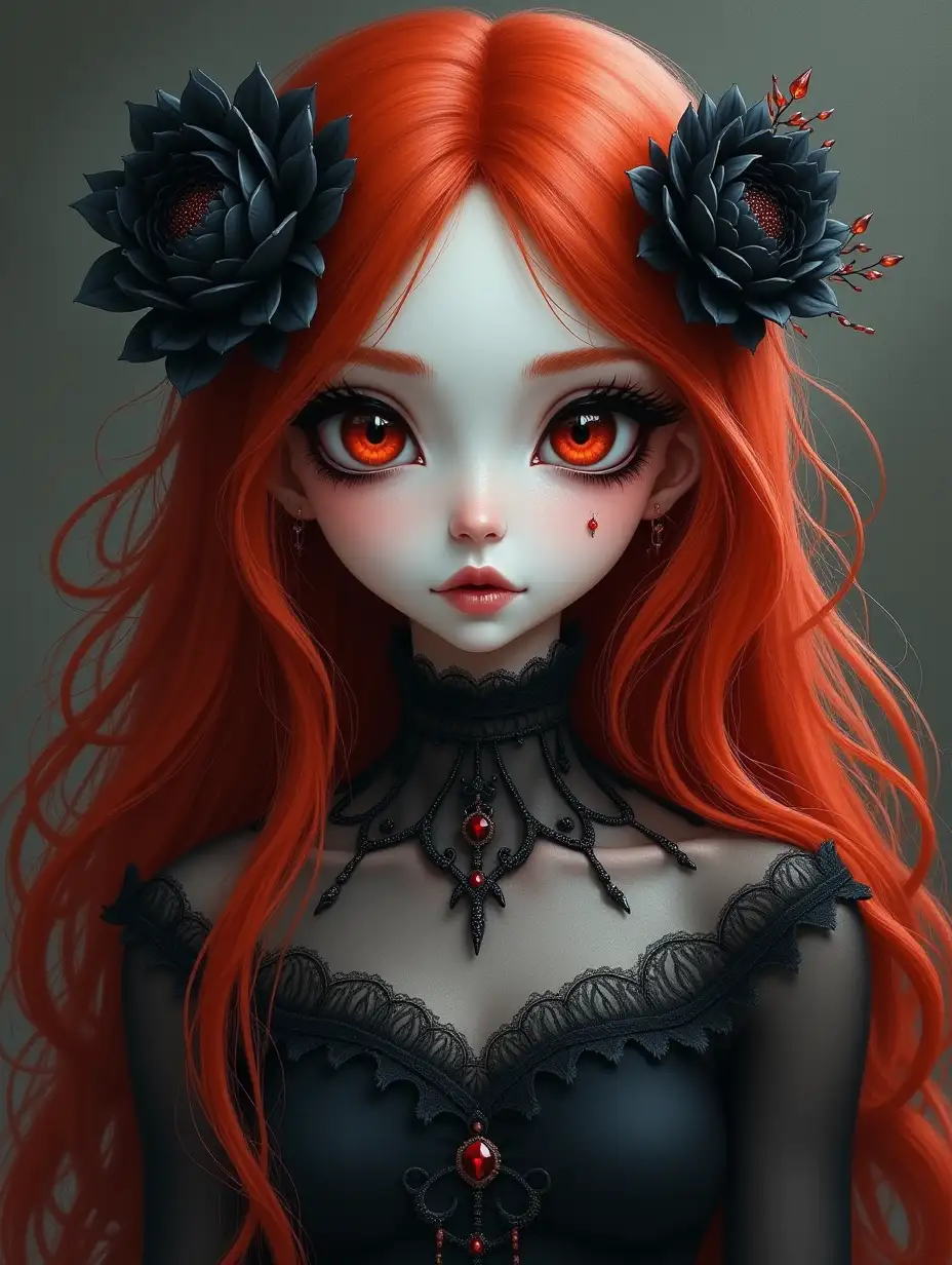 Realistic ghostly girl in full height, with white skin and cosmic eyes, demonic nymph with black flowers in red hair, digital masterpiece, Marie Angel, fantasy art, two entities, long eyelashes, detailed face with dark makeup, glitter, gothic picture, realistic picture, picturesque picture, perfect masterpiece, detailed black dress, pretty woman with very long red hair, detailed, oil watercolor