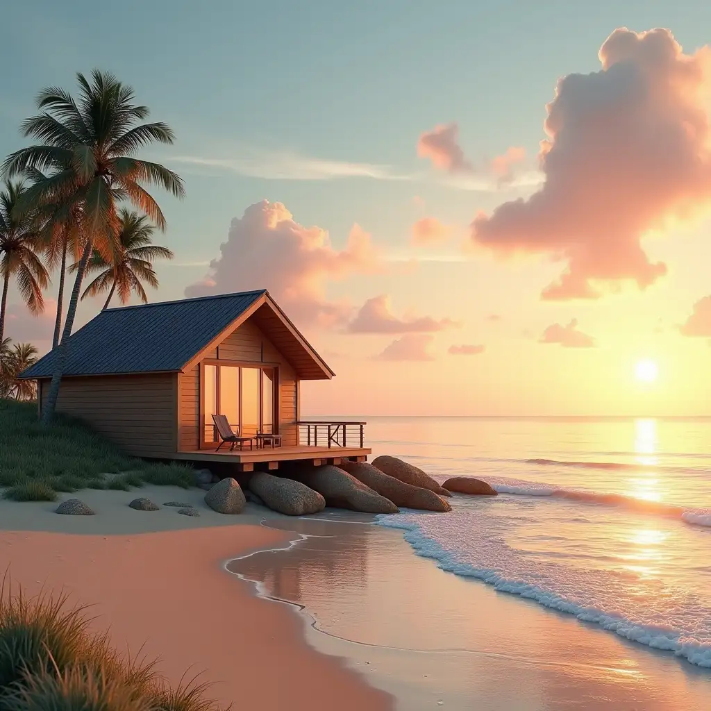 A simple wooden house with a sloped roof and large windows, by a calm beach with golden sand and gentle sea waves, under the orange and pink light of sunrise, surrounded by a few palm trees and a clear sky with scattered clouds, in a realistic style