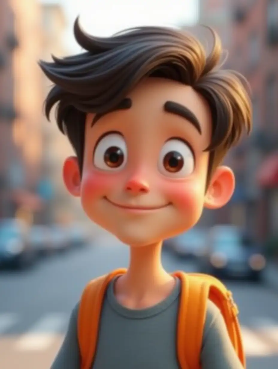 user_prompt: This is an image of a cheerful cartoon young man with a gentle smile. He has a round face, slightly messy dark brown hair, and wide eyes with a friendly gaze. He wears a grayish-blue shirt and an orange backpack over it. The background appears to be a street in a city, giving the impression that the character is in an urban or outdoor environment.