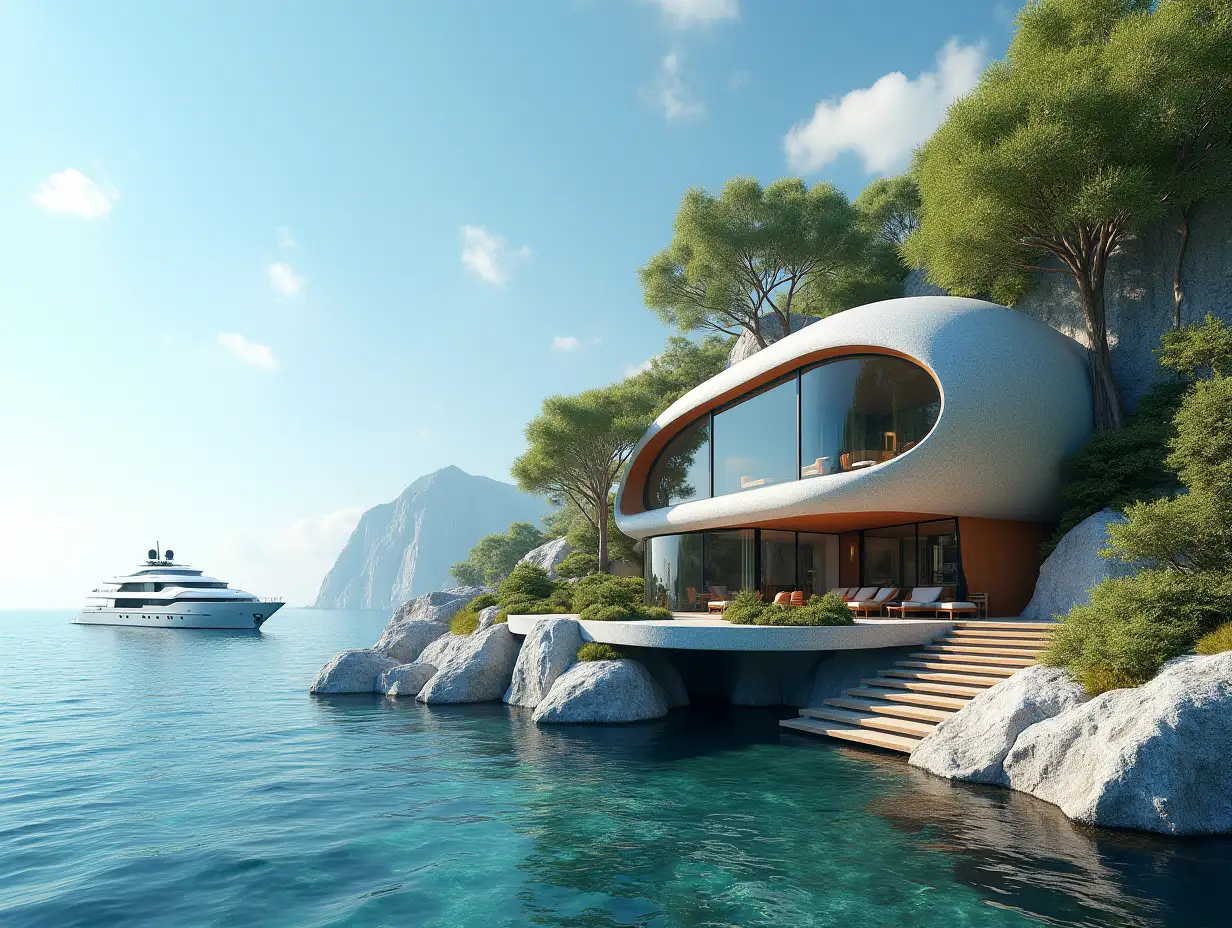 Create a high-resolution, realistic panorama image of a futuristic terrace building with steps to the sea window snail house with many plants and gray and brown facades a yacht on the sea waves, large trees, blue sky