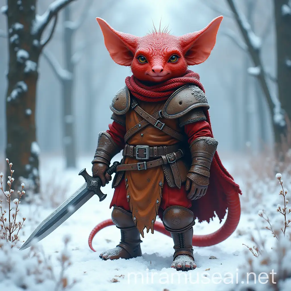 Red Kobold Warrior in Leather Armor with Dagger in Snowy Landscape