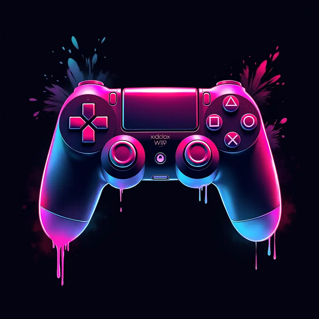 A stylized cyberpunk video game controller with bold neon outlines (electric pink, cyan, and purple) contrasts sharply against a deep matte-black background. Thick, glossy paint drips in solid gradients of magenta, teal, and violet cascade down the controller’s edges, blending into abstract, geometric splatters. Sleek metallic accents highlight the buttons and joysticks, while simplified holographic textures add subtle depth. The design uses high-contrast shadows, flat vector-style gradients, and crisp edges for scalability. Rendered in 2D with minimal photorealistic details to ensure bold, clean prints on fabrics and hard surfaces. Includes ample negative space for logos/text. Stylized to avoid trademarked shapes, leaning into futuristic, angular geometry.