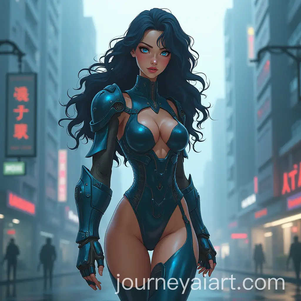 Asian-Female-Warrior-in-HighTech-Latex-Armor-Patrolling-Cyberpunk-Metropolis-at-Dawn