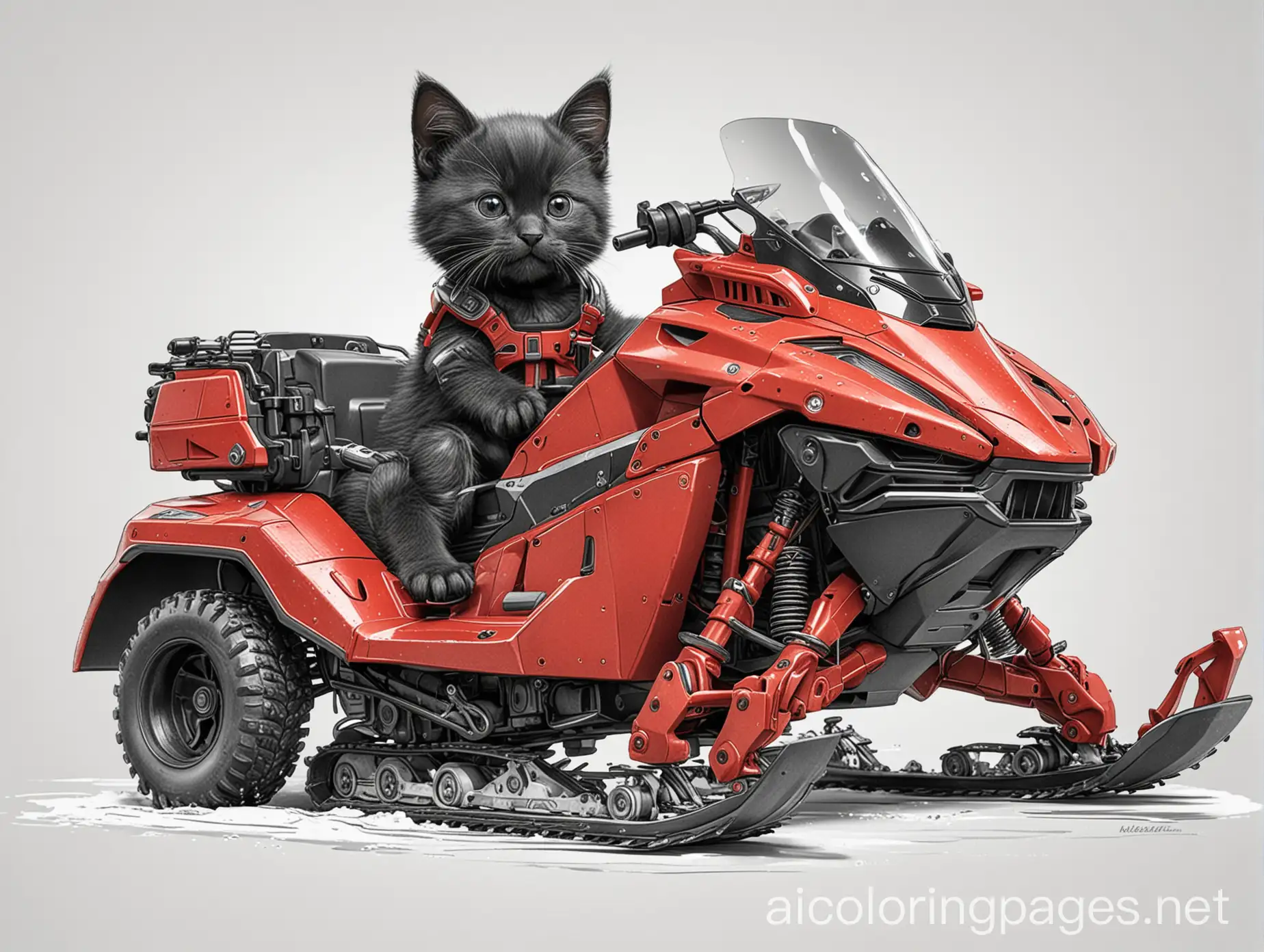 Realistic-Black-Kitten-Driving-Red-Snowmobile-Coloring-Page