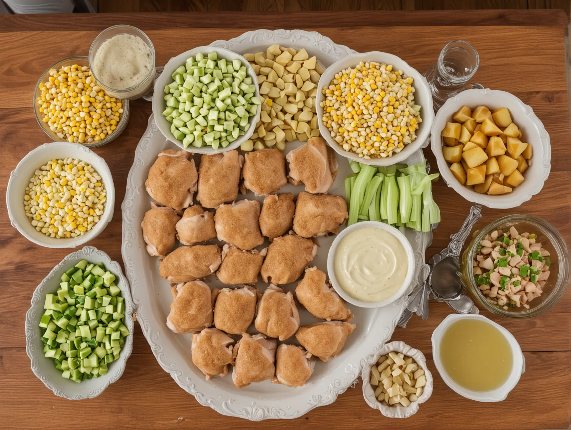 A beautifully arranged display of all the ingredients: chicken thighs, chopped onion, celery, MAGGI Granulated Chicken Flavor Bouillon, guascas, mixed potatoes, corn, lime juice, and NESTLÉ Media Crema.