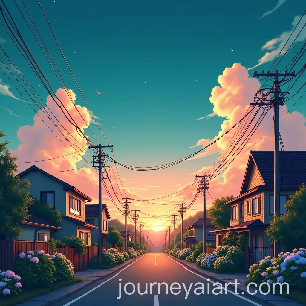 AnimeInspired-Suburban-Street-at-Sunset-with-Blooming-Gardens