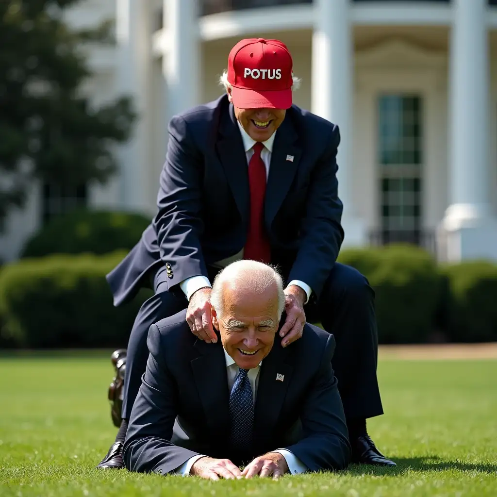 Donald-Trump-Riding-on-Joe-Bidens-Back-in-Front-of-the-White-House