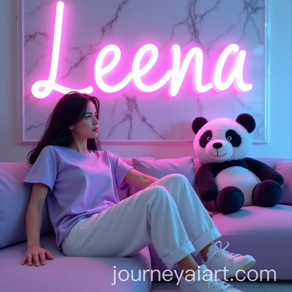 Woman-Relaxing-on-Sofa-with-Panda-Plush-and-Neon-Leena-Sign