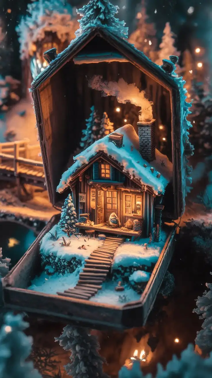 Extremely close-up macro shot, a miniature diorama inside an open matchbox, depicting a cozy winter cabin scene, snow-covered landscape, tiny figures, warm interior lighting spilling out of windows, intricate details, magical atmosphere, photorealistic