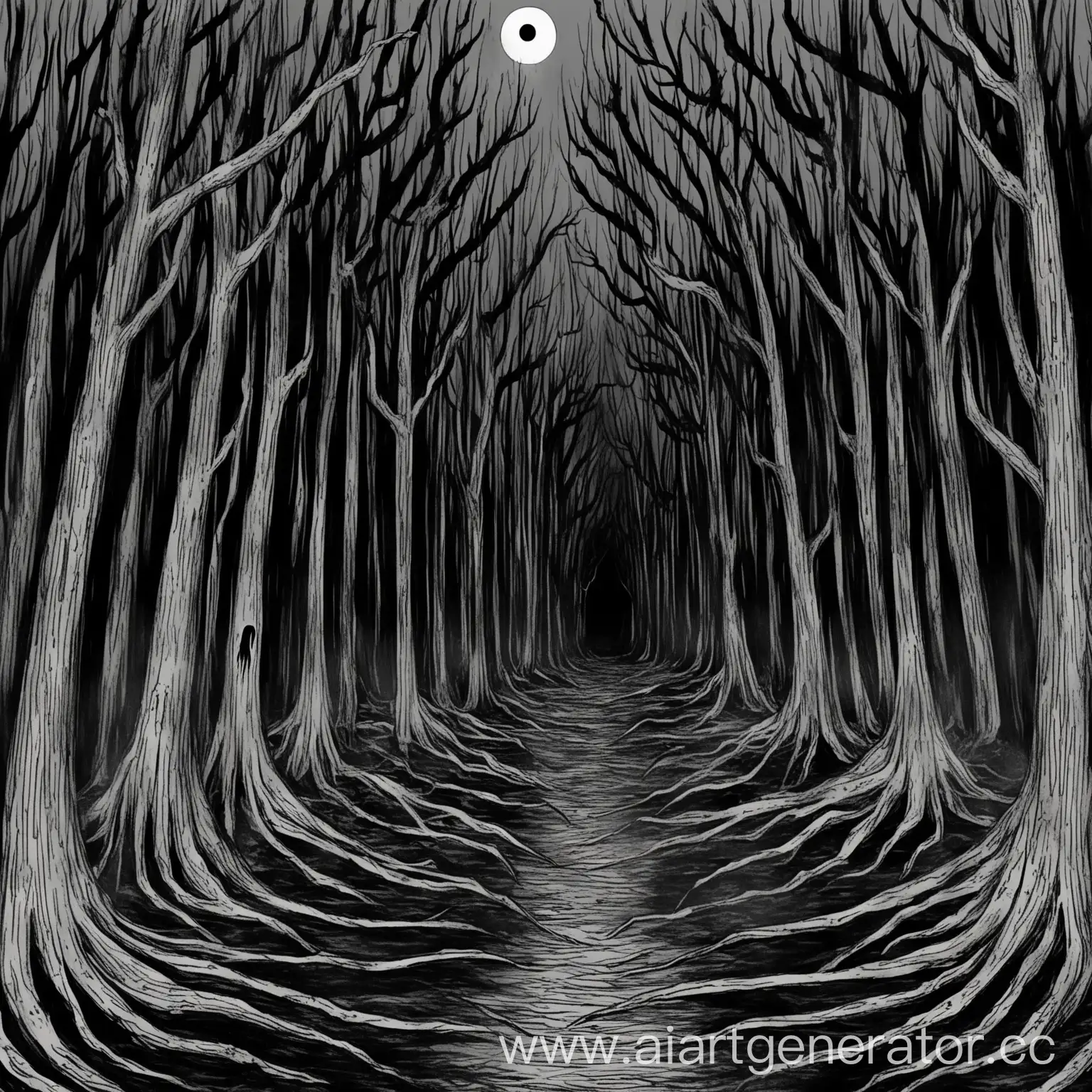 Eerie-Forest-with-Twisted-Trees-and-Ghostly-Mist-Junji-Ito-Style