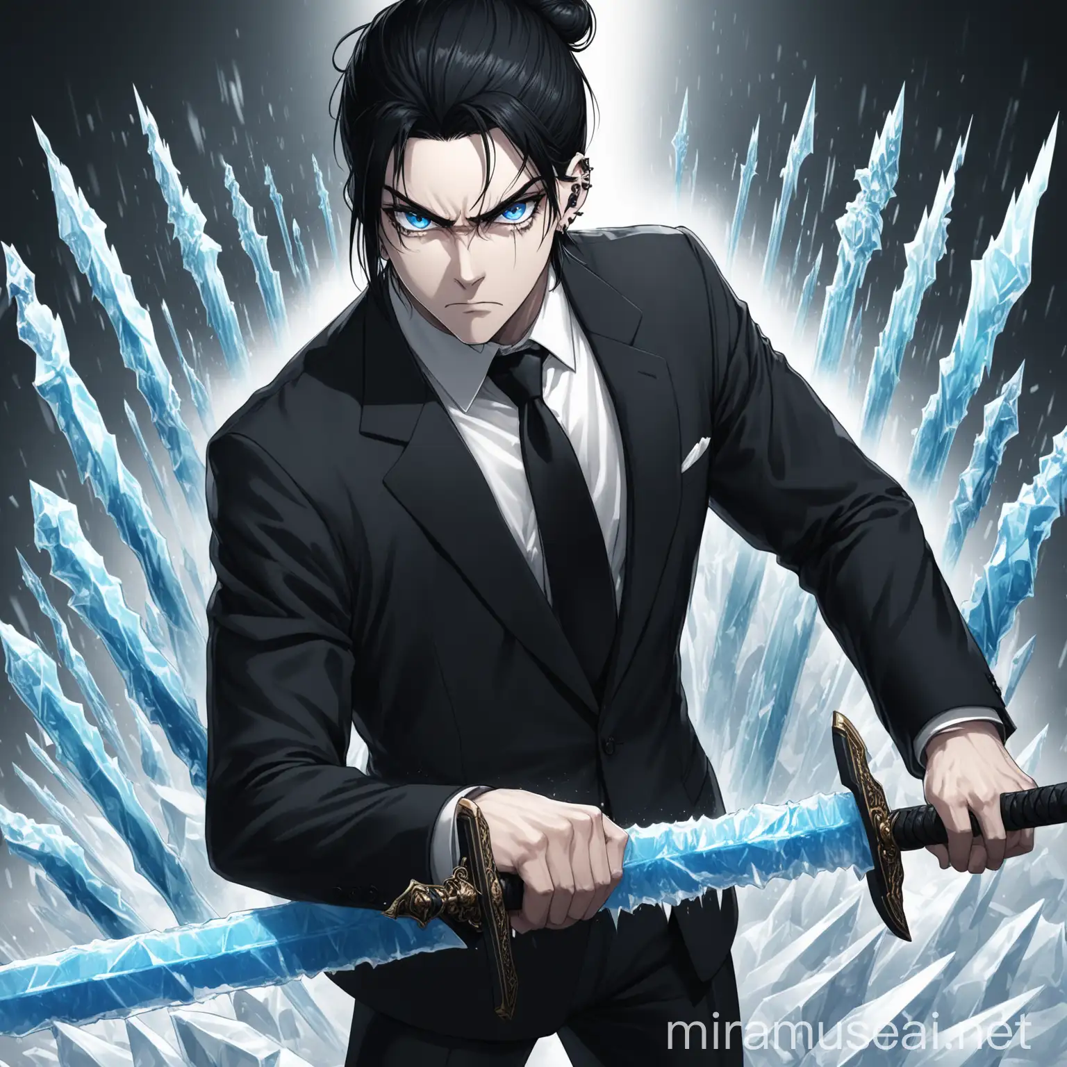 Menacing Man in Black Suit Threatening with Ice Sword