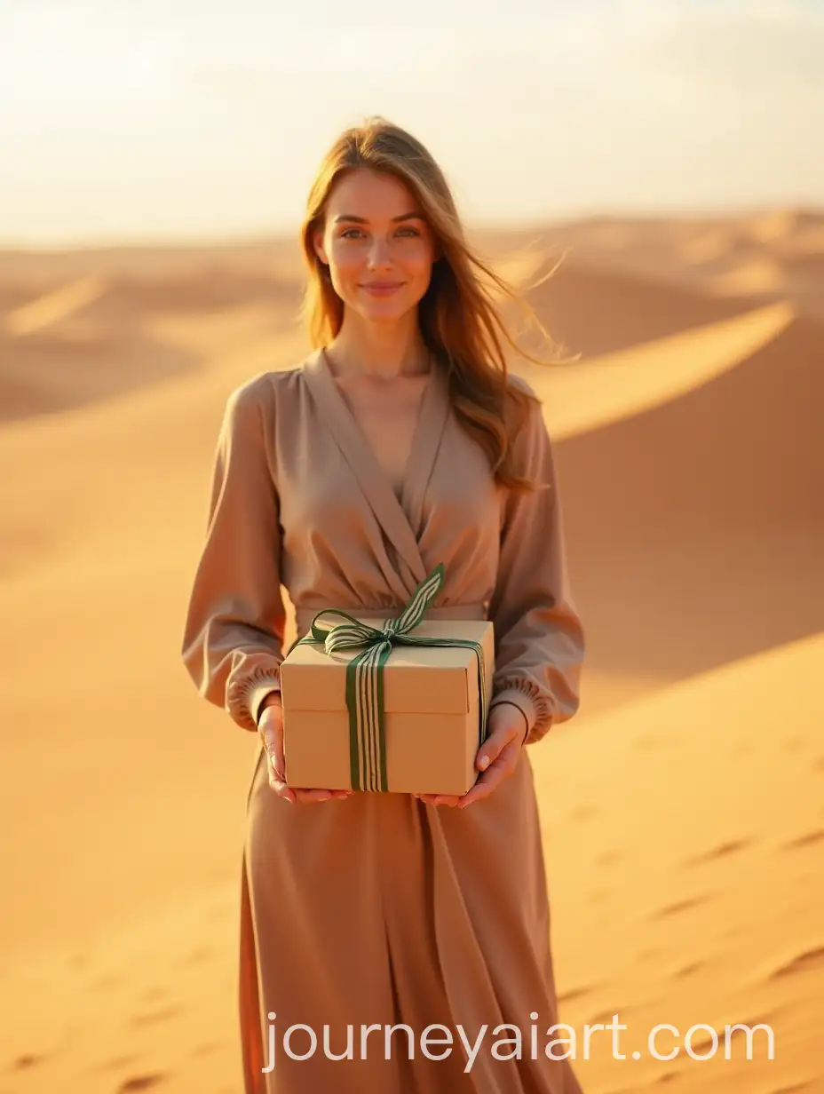 Young-Woman-in-the-Sahara-Desert-with-EcoFriendly-Gift-Box